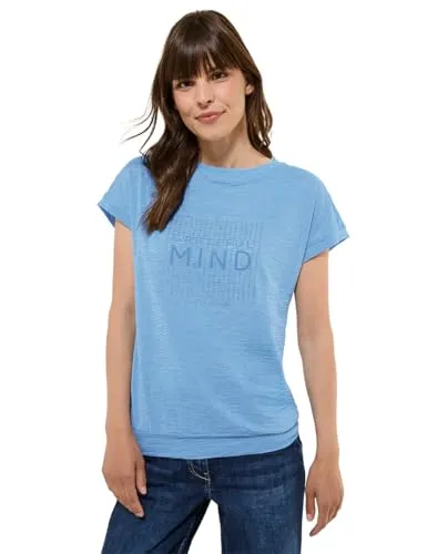 T-Shirt CECIL, Damen, Gr. XL (44), blau (fresh light blau), Web, 50% Polyester, 50% Baumwolle, bedruckt, normal normal, U-Boot-Ausschnitt, Bündchen, Shirts T-Shirt, mit U-Boot-Ausschnitt