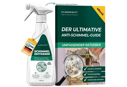 Silberkraft Schimmelentferner mit E-Book - Gegen Schimmel & Stockflecken Schimmelentferner (1-St. 1×500 ml Aktiv-Chlor gegen Schimmel, für Bad, Fugen & mehr Sofort- & Langzeitschutz, Inkl. 70-seitigem Ratgeber, Made in Germany)