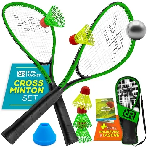 Rush Racket Speed Badminton Set RS3 – 5-teiliges Crossminton Set mit 2 Turbo Badminton Schlägern, 5 Federbällen, 1 Softball, 8 Feldmarkierungen & Tragetasche – Outdoor & Indoor Speedbadminton - Grün