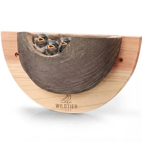 wildtier liebe 1er Schwalbennest, Nisthilfe Natur für Mehlschwalben aus Massiv-Holz und naturgetreuen Schlammerden