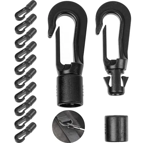 Kunststoff Karabinerhaken, 12 Stück, in Schwarz, für Ø 2-3 mm Dicke Bänder, DIY Plastikhaken für Gummiseil, Leine, Schnurband, Kordel Haken mit Stecksystem, Planenseil Spanner Gummileine Seilhaken