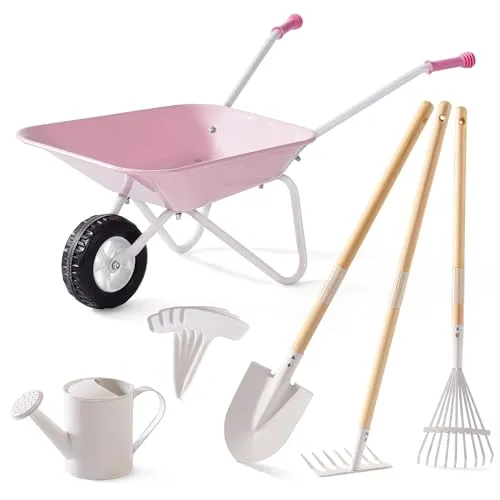 ROBUD Kinderschubkarre Metall mit Gartengeräte Set, 6-teilig – Spaß für kleine Gärtner