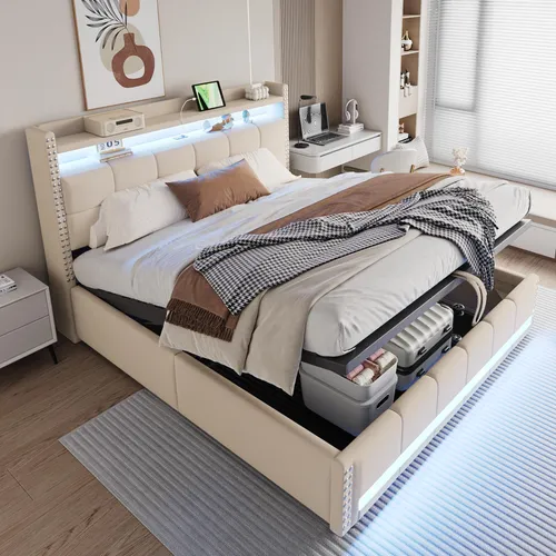 okwish Polsterbett 180X200 Doppelbett mit Matratze und Bettkasten,Jugendbett mit LED-Beleuchtung und USB-Steckdose,aus Leinenstoff,Beige