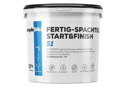 simpleBAU Spachtelmasse Weiß Innen 15 kg – Gebrauchsfertige Fertigspachtel für Wände & Decken - Einsatzbereit direkt nach dem Öffnen! Diese hochwertige Spachtelmasse sorgt für glatte Oberflächen und ist ideal für Renovierungen. Staubfrei und leicht schleifbar – perfekt für Heimwerker und Profis.