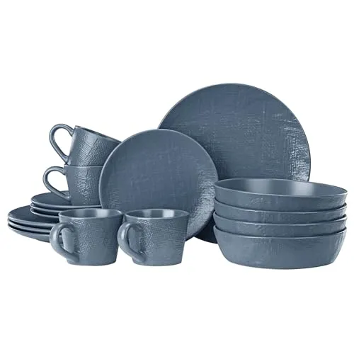 Navaris Steingut Geschirr Set für 4 Personen - Smokey Blue - Tafelservice mit modernem, texturiertem Design, robust und langlebig, ideal für täglichen Gebrauch oder als Geschenk. Mikrowellen-, spülmaschinen- und backofensicher.