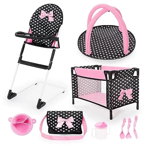 BAYER Reise-Set 9in1 mit Puppenbett und Hochstuhl in schwarz/pink