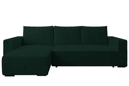 storez24 Ecksofa Letto, Eckcouch in L-Form mit Schlaffunktion und Bettkasten, Farbe: Grün, Cordstoff, Ottomane Links