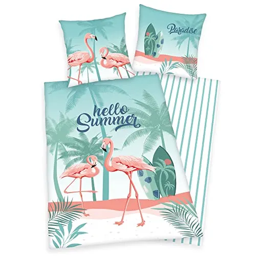 Klaus Herding Wende Bettwäsche Set Flamingo 135 x 200 cm - Bettwaren-Set für Kinder, mit wendemuster und fröhlichem Flamingo-Design für einen bunten Schlafbereich.
