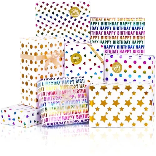 MAMUNU Geschenkpapier, 6 Stück Geburtstagsgeschenkpapier, Bunte Geschenk Papier Geschenkverpackung Papier für Geburtstag Weihnachten Feier Kindertag Valentinstag, Muttertag Alle Anlässe, 50CM x 70CM