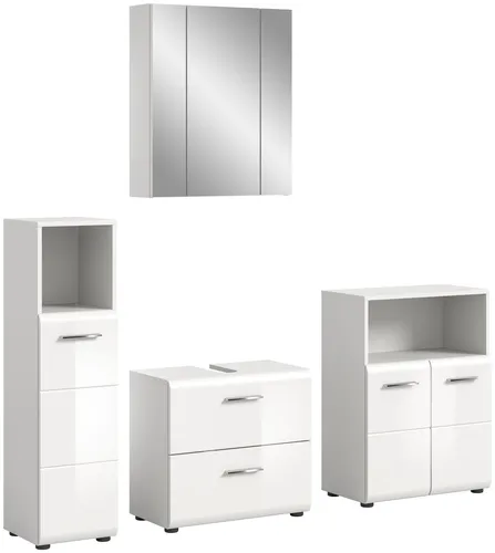 xonox.home Badezimmer Ice 4tlg. Kombination - Komplettprogramm für kleine Bäder: Praktisches Badmöbel-Set mit 4 Teilen in weiß Hochglanz, ideal für optimalen Stauraum und Organisation in Ihrem Badezimmer.