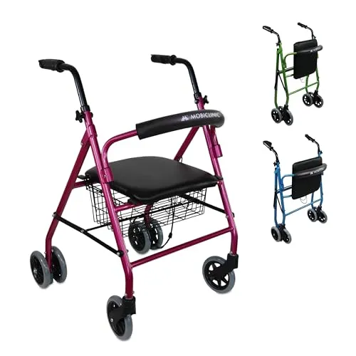 Mobiclinic®, Rollator, Prado, Europäische marke, Faltbar und leicht, Druckbremsen, Gehhilfe aus aluminium, Mit gepolsterter sitzfläche rückenlehne, Einkaufskorb, 4 räder, Rosa