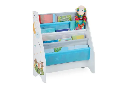 Relaxdays Kinder Bücherregal mit Hängefächern - Kinderzimmerregale & -ablagen mit 4 Hängefächern für optimale Bücheraufbewahrung und niedlichem Lagerfeuer-Motiv, ideal für die Förderung von Ordnungssinn bei Kindern.