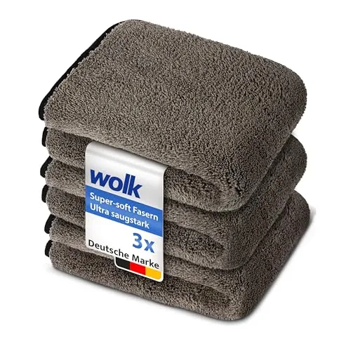 wolk Auto Trockentücher 3er Set – 1200 GSM Mikrofaser 40x40 cm – Saugstark, Kratzfrei, Fusselfrei – Extra groß, langlebig – Grau/Schwarz – Für Auto & Motorrad
