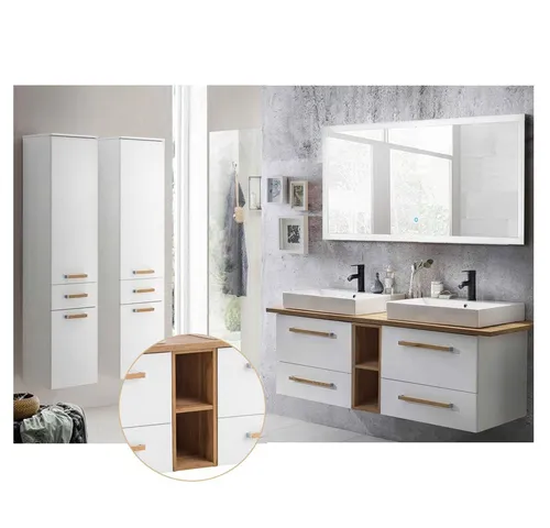 Lomadox Badmöbel-Set Dabo-04 in Weiß mit Landhaus Eiche - Stilvolles Badmöbelset mit Doppel-Keramik-Waschtisch und Softclose-System. Modernes Design und hochwertige Materialien für eine attraktive Badezimmereinrichtung.