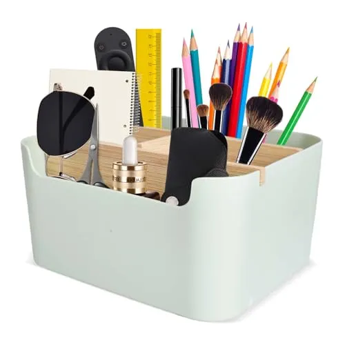Naapesi Schreibtisch-Organizer mit 5 Fächern, Aufbewahrungsbox aus Kunststoff und Holz, Multifunktionaler Abnehmbarer Schreibtischhalter für Fernbedienungen, Kosmetika, Stifte und Brillen (Grün)
