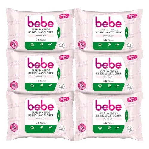 bebe Erfrischende Reinigungstücher – 6 x 25 Tücher mit Rosenwasser - Reinigungstücher für das Gesicht, sanfte Make-up Entferner aus 100% pflanzlichen Fasern, ideal für normale Haut und mit 92% natürlichen Inhaltsstoffen für ein erfrischtes Hautgefühl.