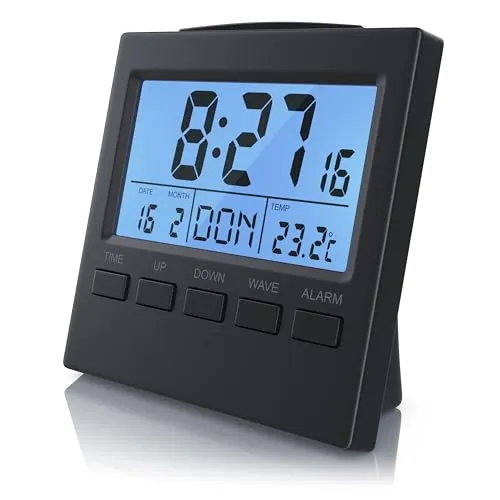 CSL - Funkwecker digital mit Temperaturanzeige - DCF-Funkuhr Reisewecker - 3,3 Zoll LCD-Display mit Blauer LED Hintergrundbeleuchtung - Innen- Datums- und Wochentagsanzeig