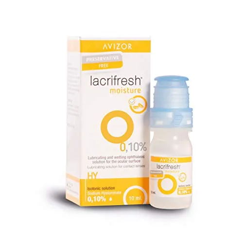 Avizor Lacrifresh Moisture 0,10%. Flasche mit 10 ml Augentropfen zur Linderung von Symptomen von Augenreizungen.