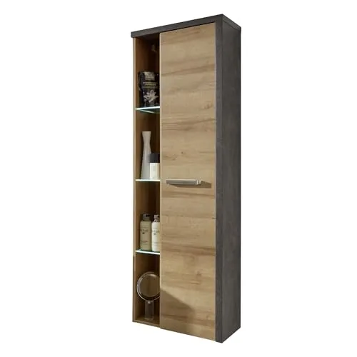 trendteam smart living - Bay Hochschrank - Eiche Riviera/Beton dunkel - Hoch- & Midischränke fürs Bad – Stilvoller Hängeschrank mit SoftClose-Tür und großzügigen Innenspiegeln für eleganten Stauraum in deinem Badezimmer.