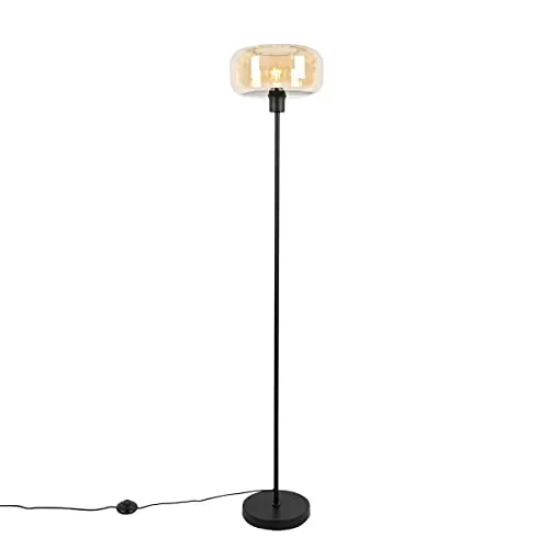Qazqa Art Deco Stehlampe - Elegante schwarze Lampe mit braunem Glas für Wohnzimmer und Schlafzimmer - Standleuchten & Deckenfluter - Dimmbar mit E27 Fassung, perfekt für stilvolle Innenräume und eine gemütliche Atmosphäre.