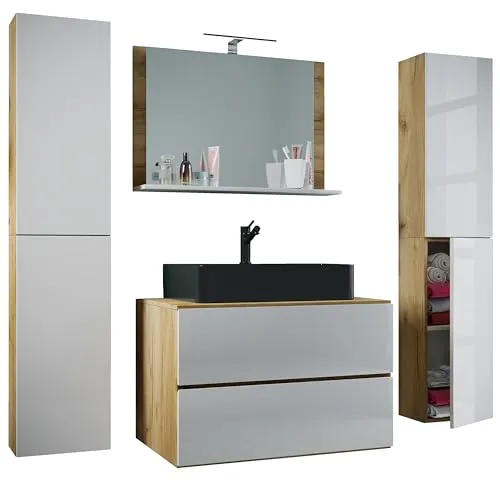 VCM 5-tlg. Waschplatz Badmöbel Set Lendas BL 80 cm - Badmöbel-Set mit elegantem Design, inklusive Unterschrank, Waschbecken und zwei Hochschränken für optimale Stauraumnutzung im Badezimmer.