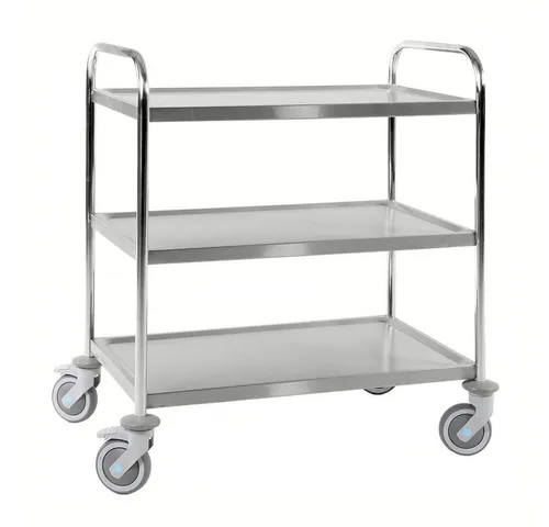 OSWALD Edelstahl-Servierwagen mit 3 Böden - Transportwagen aus korrosionsbeständigem Edelstahl, lebensmittelecht und leicht hygienisch zu reinigen. Ideal für Gastronomie und Catering mit einer Tragfähigkeit von 100 kg.