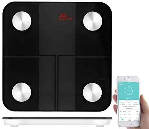 newgen medicals Körperfettwaage: 14in1-Körperanalysewaage aus Glas, Bluetooth, App, Nutzer-Erkennung (Badezimmerwaage, Körperwaagen, Senioren Handy)