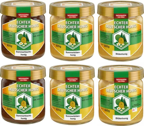Echter Deutscher Honig - 6 Gläser Set mit 3 Varianten - Brotaufstriche: Entdecken Sie 3 köstliche Honigvarianten aus regionaler Imkerei, schonend geerntet und naturbelassen für ein unverfälschtes Geschmackserlebnis.