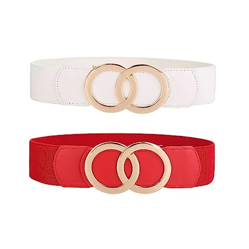 SYMOL Gürtel Damen Elastischer Taillengürtel 70CM-160CM Normale Große Taille Ledergürtel Dehnbarergürtel Mode Frau 5CM Kleidgürtel.(Weiß+Rot,Taille:90CM-110CM)