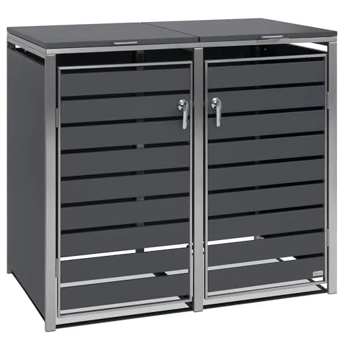 Zelsius Edelstahl Mülltonnenbox 2er | Robuste Müllverkleidung für Garten - Mülltonnenbox für 2 Tonnen, hochwertiger verzinkter Stahl und Edelstahl, mit praktischen Gasdruckfedern für einfachen Zugang und Erweiterungsmöglichkeit für mehr Stabilität.