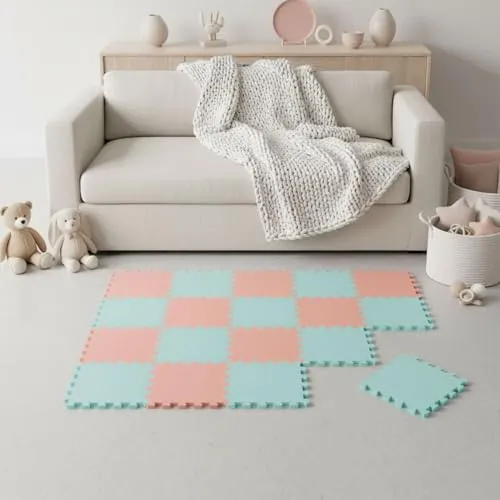 LittleTom Spielmatte Baby Puzzlematte Mint & Rosa - 18 Matten je 30x30 cm Krabbelmatte 180x90 cm Bodenmatte Kinder - Puzzle Teppich Kinderzimmer - Bodenschutzmatte Spielteppich - Eva Schaumstoffmatte