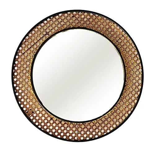 INDA-Exclusiv Wandspiegel Rundspiegel Hängespiegel Spiegel Dekospiegel Rattan Design rund Schwarz/Gold Ø40cm
