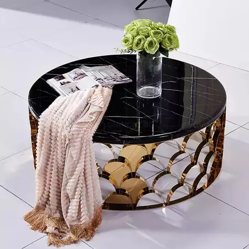 Eleganter Schwarzer Couchtisch aus Edelstahl - Tische & Stehtische: Moderner, runder Couchtisch mit edlem Gold-Finish, ideal für stilvolle Wohnzimmergestaltung. Maße: 100 cm Durchmesser, 45 cm hoch.