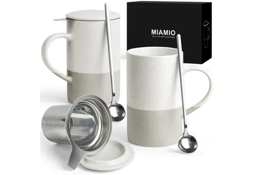 MiaMio Teetassen Set (2 x 500 ml) mit Siebeinsatz - Tassen-Set in elegantem Grau, ideal für Teeliebhaber mit praktischem Siebeinsatz und Deckel für perfekten Genuss.