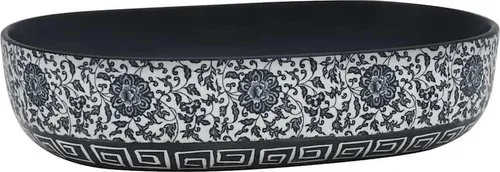 vidaXL Aufsatzwaschbecken Schwarz und Blau Oval 59x40 cm - Elegantes handgefertigtes Keramik-Waschbecken mit einzigartigem Muster, ideal für Badezimmer und Waschzimmer. Langlebig und leicht zu reinigen, bringt es minimalistische Eleganz in jeden Raum.