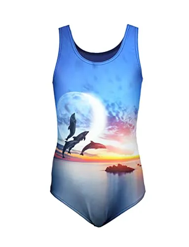Aquarti Badeanzug Mädchen – Sportlicher Mädchen Badeanzug mit Ringerrücken Print, Farbe: Delfine Mond Orange/Dunkelblau, Größe: 134