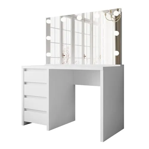 lukmebel Schminktisch mit Spiegel und Beleuchtung - Schminktisch GLAMOUR ELITE in elegantem Weiß mit 4 praktischen Schubladen und großem, beleuchtetem Spiegel - ideal für Kosmetik und als vielseitiger Arbeitsplatz.