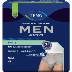 TENA MEN Active Fit Pants Normal S/M, 12 Stück - Arzneimittel für Männer mit mittlerer Blasenschwäche - diskreter Schutz und maskulines Design für einen aktiven Alltag. Atmungsaktives Material und Odour Control Technologie sorgen für Komfort und Sicherheit.