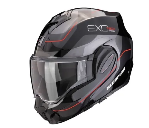Scorpion Exo-Tech Evo Pro Commuta Klapphelm, schwarz-rot-silber, Größe S - Motorradhelm mit P/J Homologation, ausklappbarer Sonnenblende und temperaturausgleichendem Innenfutter für optimalen Komfort bei jedem Wetter.