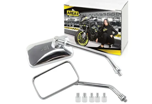 Area1 Motorradspiegel Set E geprüft - 2xM10 Rechtsgewinde - Motorradspiegel Set mit E-Prüfzeichen, inklusive 5 Adapter für einfache Montage und optimales Fahren im Straßenverkehr.