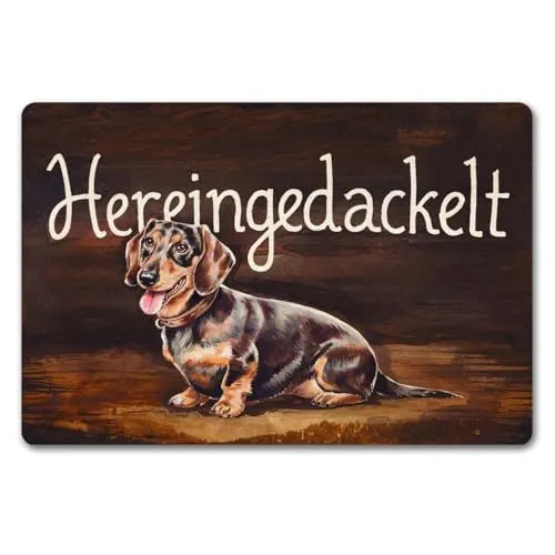 speecheese Hereingedackelt Fußmatte in 40x60 cm ohne Rand mit Dackel Aquarellgemälde-Stil auf hölzernem Hintergrund Mit Halsband geschwungener Schriftart Stilvoll dunkler Charme für Ihr