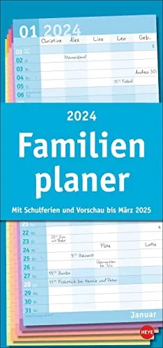 Basic Familienplaner 2024. Praktischer Wandplaner mit 5 Spalten. Familien-Wandkalender mit Schulferien und 3-Monats-Ausblick. Terminkalender 2024.