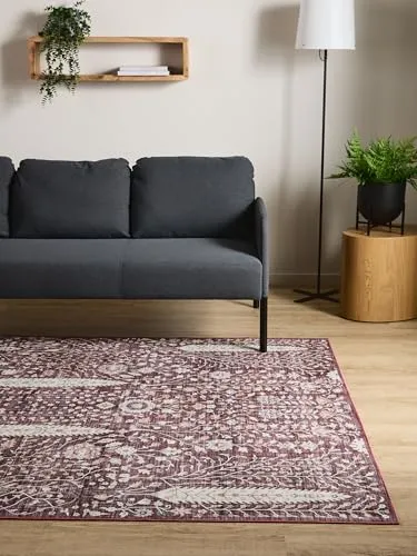 Interiyou Vintage Teppich Wohnzimmer Gent - 200x300 cm Bordeaux - Für Schlafzimmer, Esszimmer, Kinderzimmer - Kurzflor waschbar und rutschfest, Print Muster