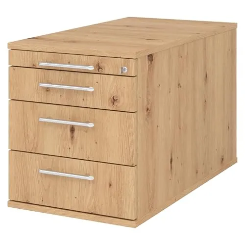 bümö Rollcontainer mit Schubladen - abschließbarer Holzcontainer in Asteiche - Büroschränke mit 3 Schubladen, inklusive Utensilienschublade und Schloss für Sicherheit. Ideal für Ordnung und schnellen Zugriff auf Bürobedarf!