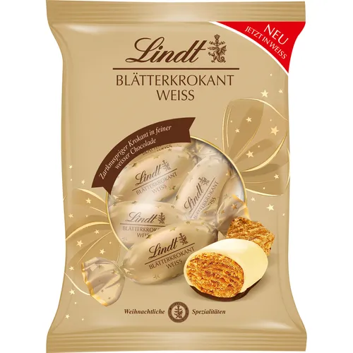 Lindt Blätterkrokant Kugeln 90g - Zartknusprige Blätterkrokant Kugeln in weißer Schokolade von Lindt. Perfekt als Geschenk für die Weihnachtszeit und ein Genuss für jeden Schokoladenliebhaber.