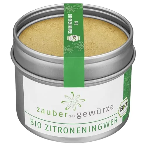 Zauber der Gewürze Bio Zitroneningwer, Zitronen Ingwer Pulver Bio – verleiht Gerichten & Getränken einen Frische-Kick, für Dressings, Marinaden, Currys, Tee, Säfte, Cocktails, 65 g