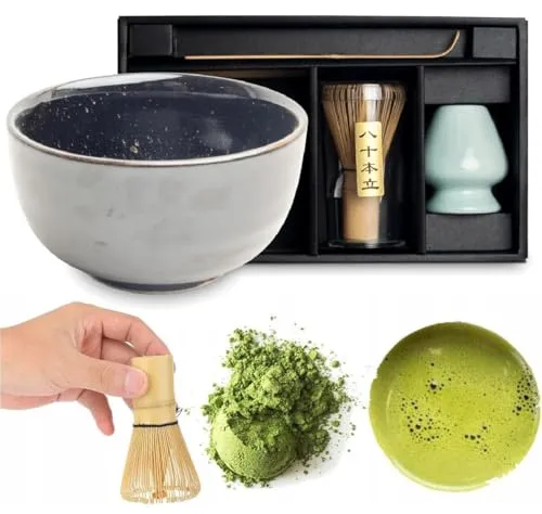 WESTCRAFT Matcha Set 4 tlg. – Traditionelles japanisches Tee-Set - Vollständiges Matcha Set mit handbemalter Schale, natürlichem Besen und Löffel. Ideal für die Zubereitung von Matcha-Tee und perfekt als Geschenk in eleganter Verpackung.