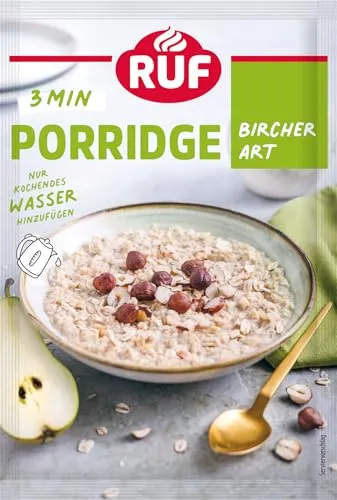RUF Porridge Bircher Art, Instant Haferbrei mit feinen Haselnüssen und Apfel- und Birnenstückchen, gesundes und leckeres Frühstück, 1 x 65g Beutel