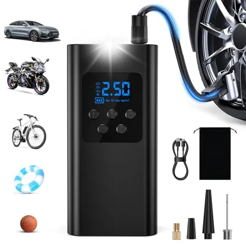 Singphere Elektrische Luftpumpe Akku – Leistungsstarker 45L/min Akku Kompressor für Auto, Fahrrad & Motorrad, Fahrradpumpe Elektrisch mit LED Licht, 6000mAh, 4 Modi für Reifen, Bälle & mehr