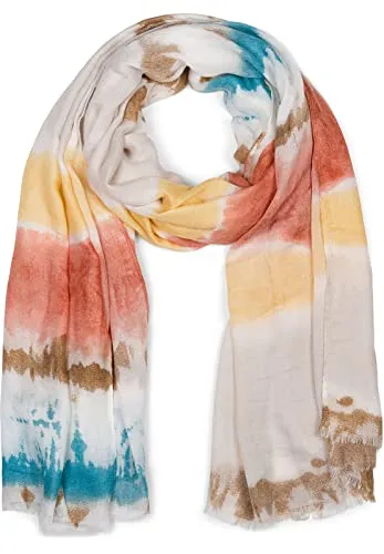 styleBREAKER Damen Schal mit buntem Batik Streifen Muster und kurzen Fransen, leichtes Tuch, Stola 01016216, Farbe:Rost-Gelb-Braun